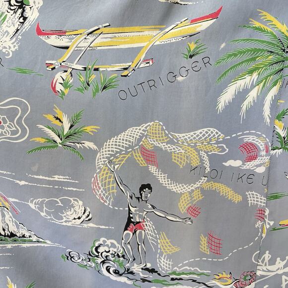 Vintage 1940’s/50’s Surf/ Fishing Print Hawaiian Muu-Muu Dress, Small - Picture 9 of 12